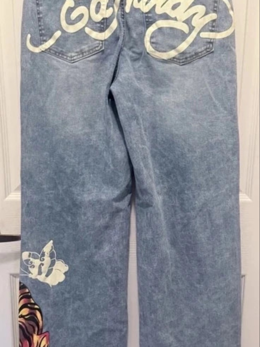 Ed Hardy Light Blue Denim Wide-Leg Jeans with Cream Script
